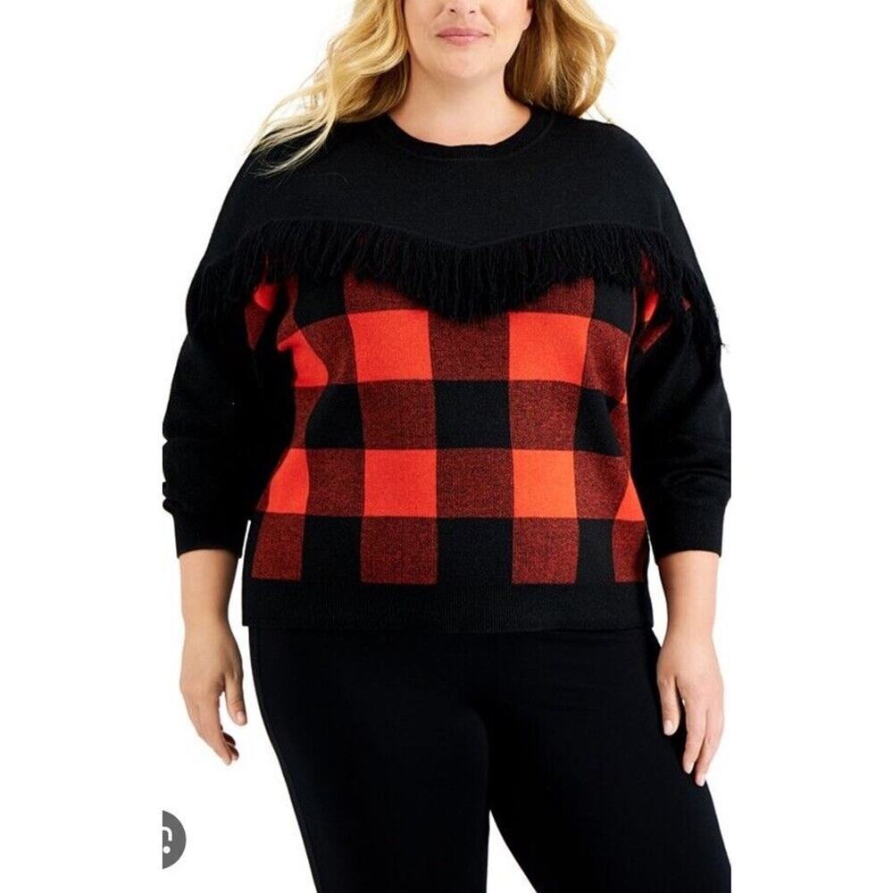 Bar iii Red Buffalo Check Sweater XXL With Fringe Sparkle Fabric NWT